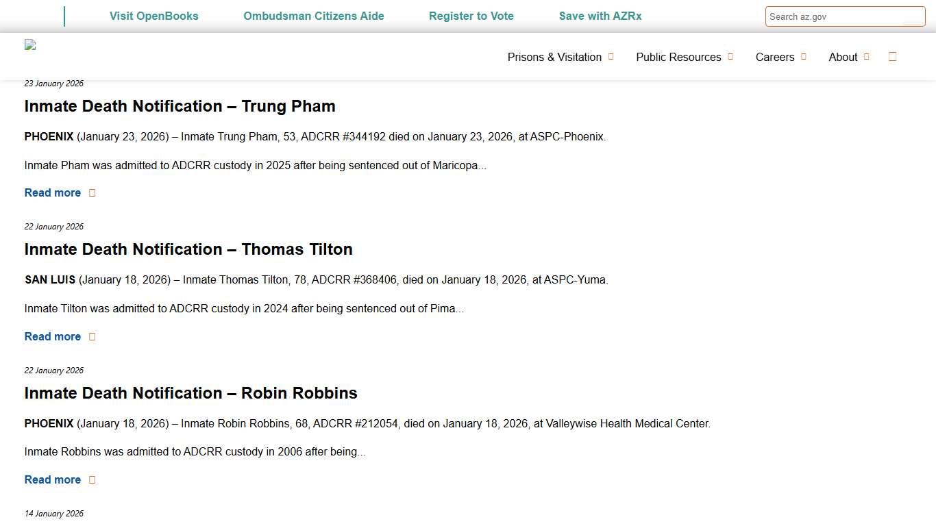 Inmate Death Notification Arizona Department of Corrections, Rehabilitation & Reentry